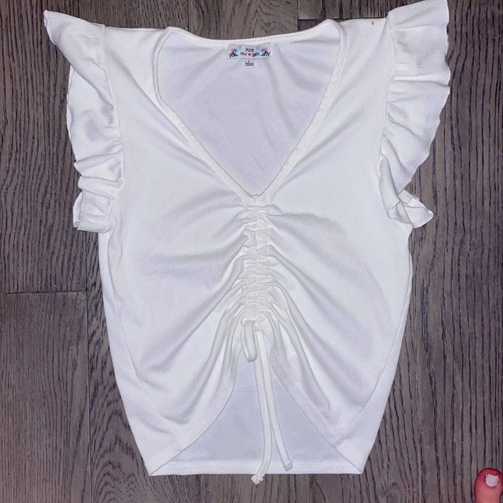 Poof New York, white crop top, scrunch front, large